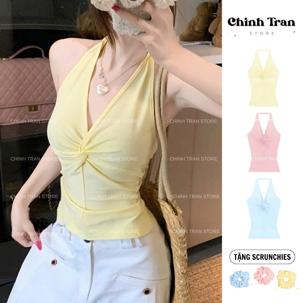 [TẶNG SCRUNCHIES] Áo Cổ Yếm Xoắn Ôm Body Mịn Mát Nhiều Màu Pastel Xinh Xắn Nữ Tính - Chinh Trần Store