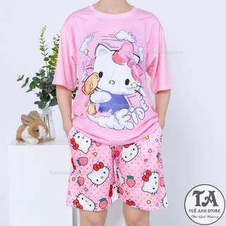 Set bộ quần short lững áo cotton hoạt hình Mèo Hello Kitty Mặc nhóm Đi Biển - Bộ mặc nhà Cartoon form rộng Unisex nam nữ