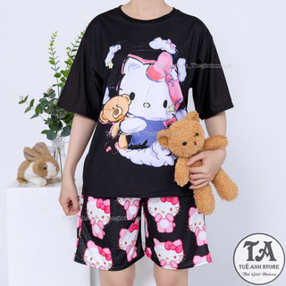Set bộ quần short lững áo cotton hoạt hình Mèo Hello Kitty Mặc nhóm Đi Biển - Bộ mặc nhà Cartoon form rộng Unisex nam nữ