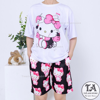 Set bộ quần short lững áo cotton hoạt hình Mèo Hello Kitty Mặc nhóm Đi Biển - Bộ mặc nhà Cartoon form rộng Unisex nam nữ