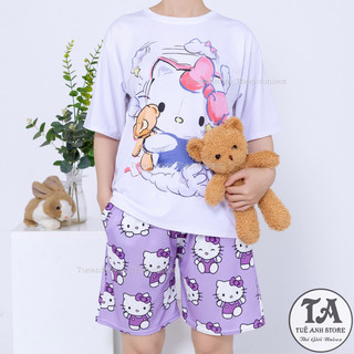 Set bộ quần short lững áo cotton hoạt hình Mèo Hello Kitty Mặc nhóm Đi Biển - Bộ mặc nhà Cartoon form rộng Unisex nam nữ