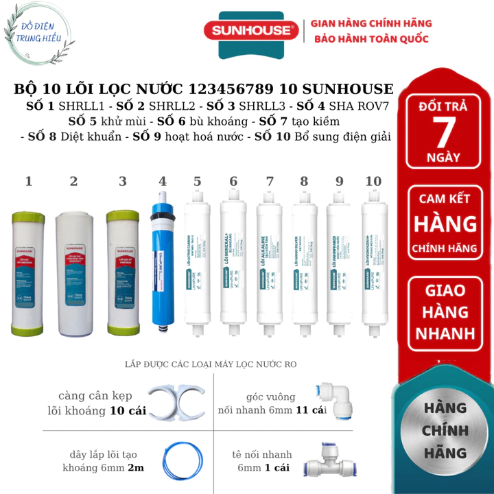 Bộ 10 Lõi Lọc Nước RO SUNHOUSE 1-10 Thay Thế Cho Mọi Máy Lọc Nước RO Chính Hãng