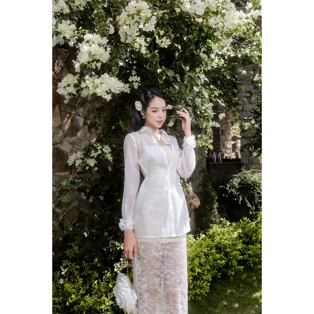 Set Áo sơ mi voan đính hoa 2S20.2506OG, Đầm ren body 2 dây 1P11.2505L phong cách sang chảnh gợi cảm đi tiệc chụp hình JM