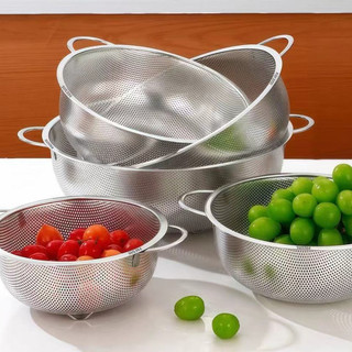 Rổ inox Có quai lỗ nhỏ 16.5CM-40.5CM Chubby Chef Rá inox đa năng có chân ráo nước vo gạo quai treo tiện lợi