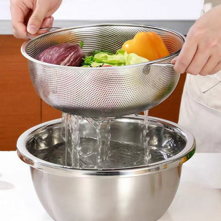 Rổ inox Có quai lỗ nhỏ 16.5CM-40.5CM Chubby Chef Rá inox đa năng có chân ráo nước vo gạo quai treo tiện lợi