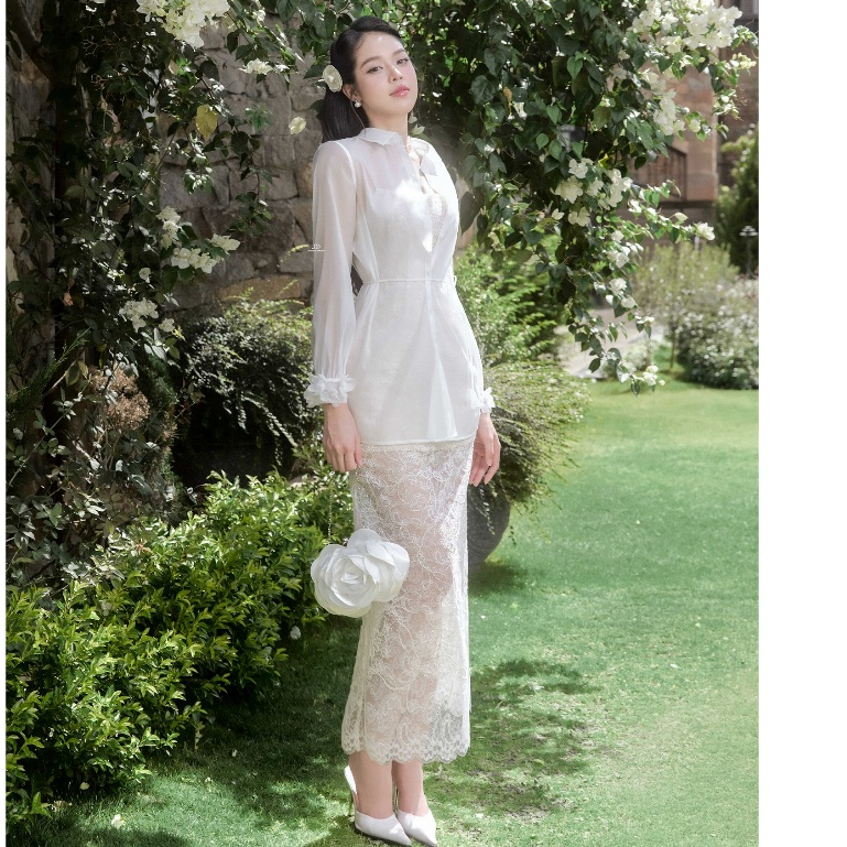Set Áo sơ mi voan đính hoa 2S20.2506OG, Đầm ren body 2 dây 1P11.2505L phong cách sang chảnh gợi cảm đi tiệc chụp hình JM