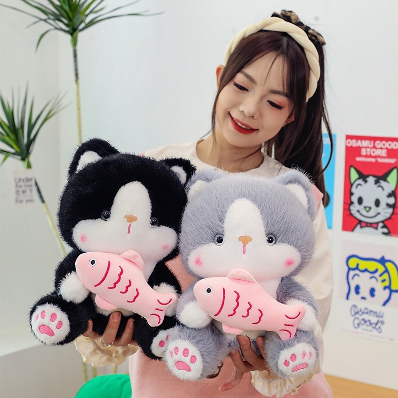 Gấu Bông Mèo Ngồi Cầm Cá Dễ Thương, Mèo Bông Lông Mềm Mại Quà Tặng Sinh Nhật Cho Bé,Bạn Gái 45Cm