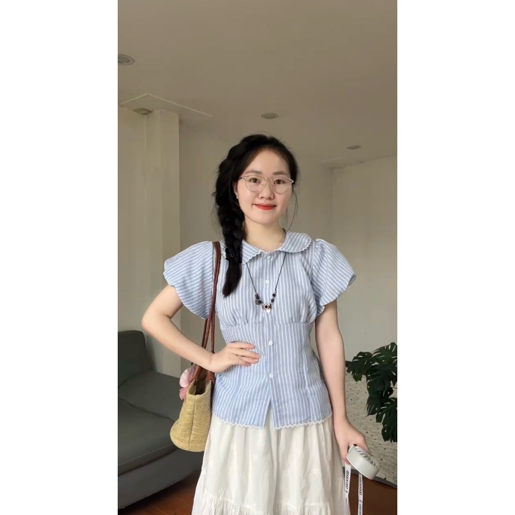 Áo sơ mi kẻ cộc tay cổ sen 2505 kẻ 609