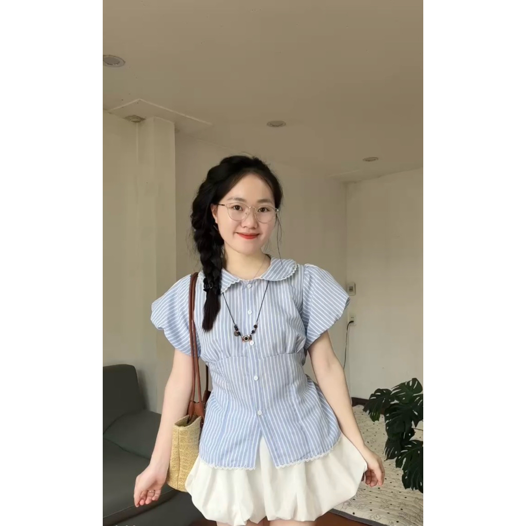 Áo sơ mi kẻ cộc tay cổ sen 2505 kẻ 609