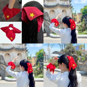 Scrunchie vuông hàng đẹp, phụ kiện buộc tóc cờ đỏ sao vàng ngôi sao thêu, phối khăn cờ đỏ sao vàng