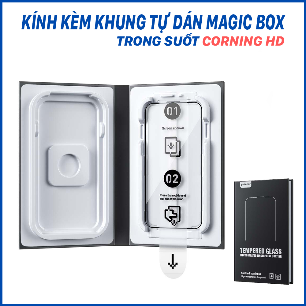 Kính Cường Lực iPhone [ CORNING HD ] Kèm Khung Tự Dán Cao Cấp Ko Hộp cho iPhone 16 Pro và 16 Pro Max