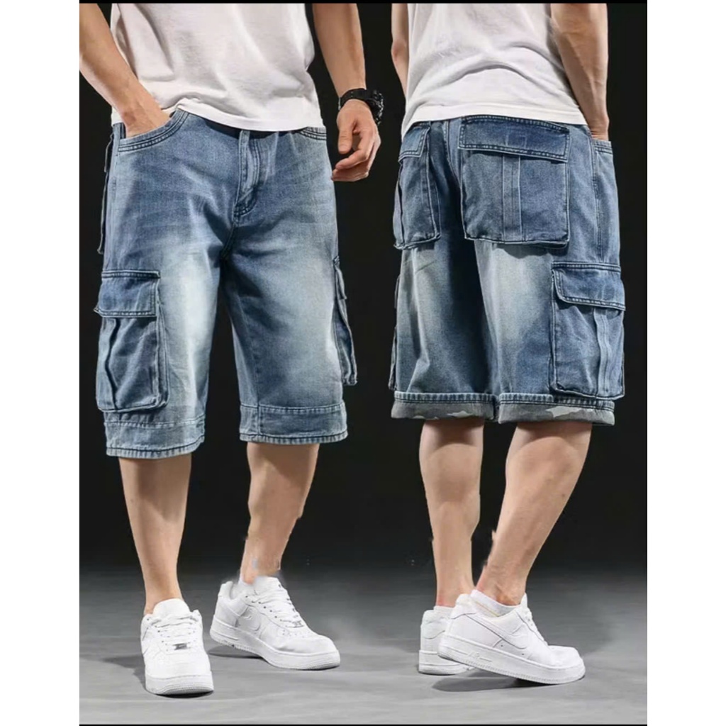 Quần short túi hộp nam, quần denim ống rộng, lật gấu phối vải rằn ri cá ...