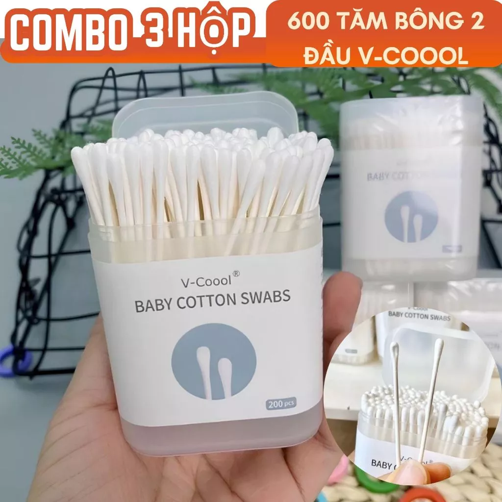 Combo 3 Hộp 600 Chiếc Tăm Bông V-Coool Baby Cotton SWABS -Tăm Bông Vệ Sinh Cho Bé FACE MASK.STORE