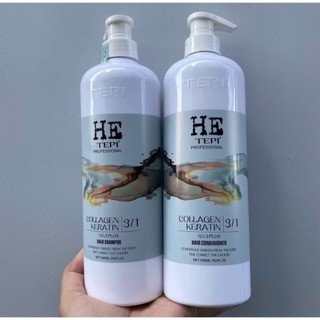 Bộ dầu gội xả HE TEPI Collagen Keratin No3 mềm mượt phục hồi tóc 3 in 1 1000mlx2, cung cấp độ ẩm