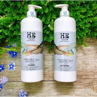 Bộ dầu gội xả HE TEPI Collagen Keratin No3 mềm mượt phục hồi tóc 3 in 1 1000mlx2, cung cấp độ ẩm