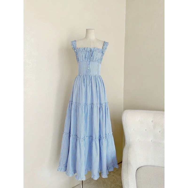 Váy nữ maxi 2S đi biển sọc vàng dáng dài, Đầm du lịch phối bèo tiểu thư nhún ngực rút dây tôn dáng-PUSU HOUSE