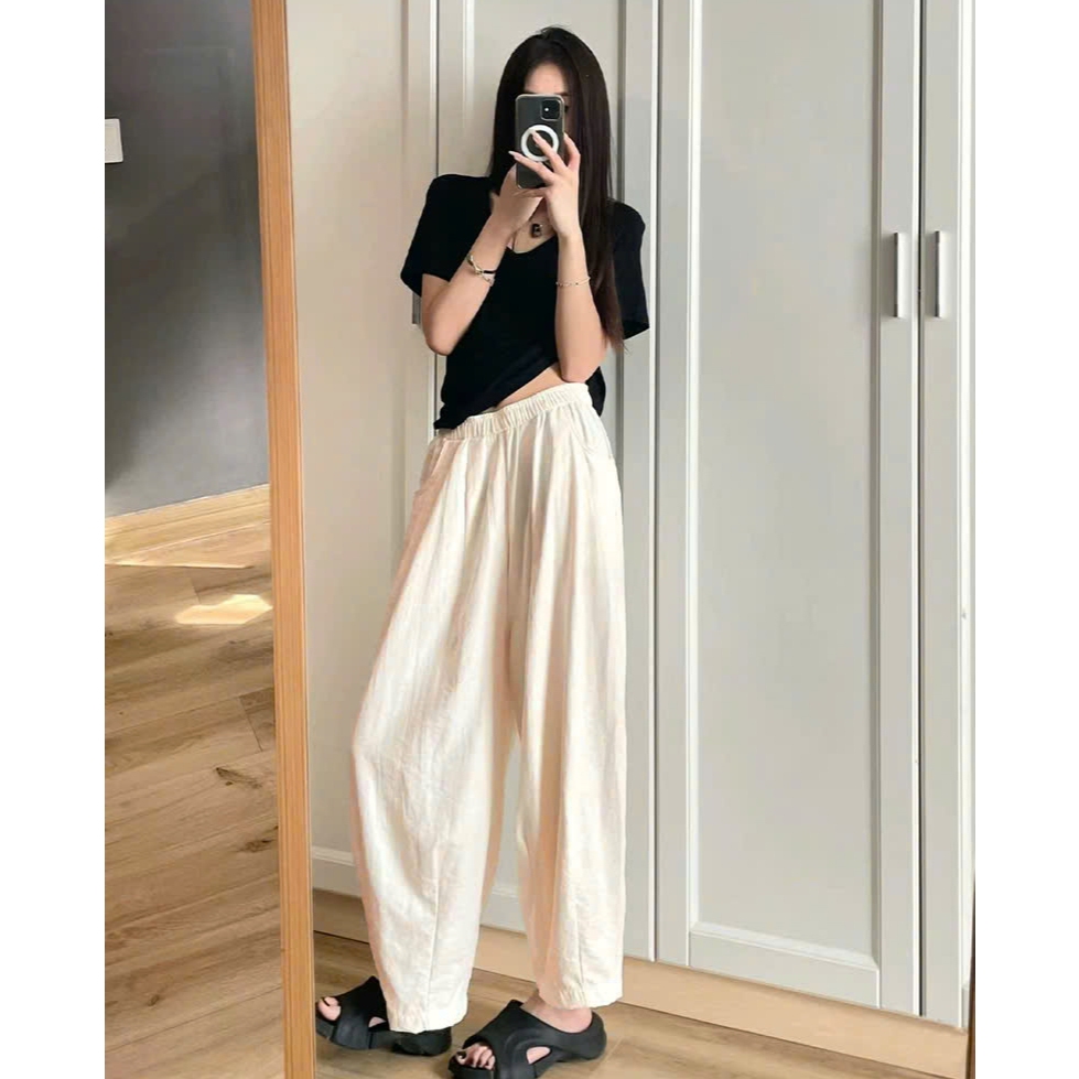 Quần Ống Rộng Nữ Kiểu Dáng Lửng Ly Gấu Phong Cách Nhật Bản Vải Gió Nhăn Mát Mẻ Mặc Xinh Tôn Dáng