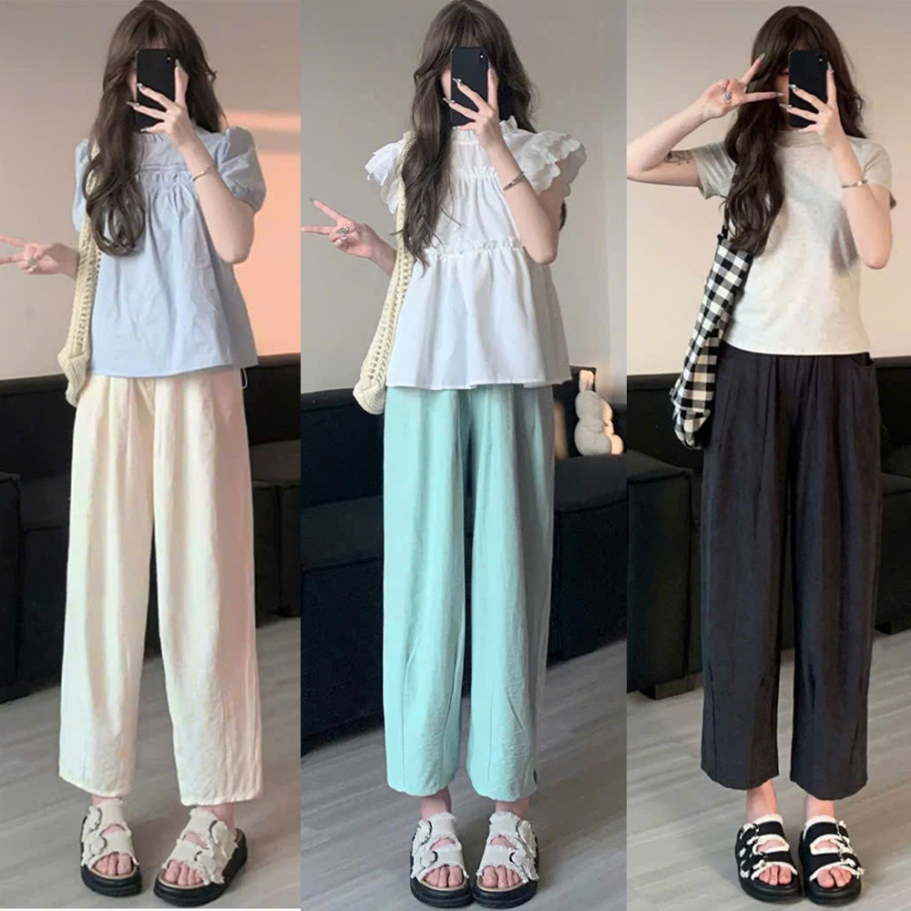 Quần Ống Rộng Nữ Kiểu Dáng Lửng Ly Gấu Phong Cách Nhật Bản Vải Gió Nhăn Mát Mẻ Mặc Xinh Tôn Dáng