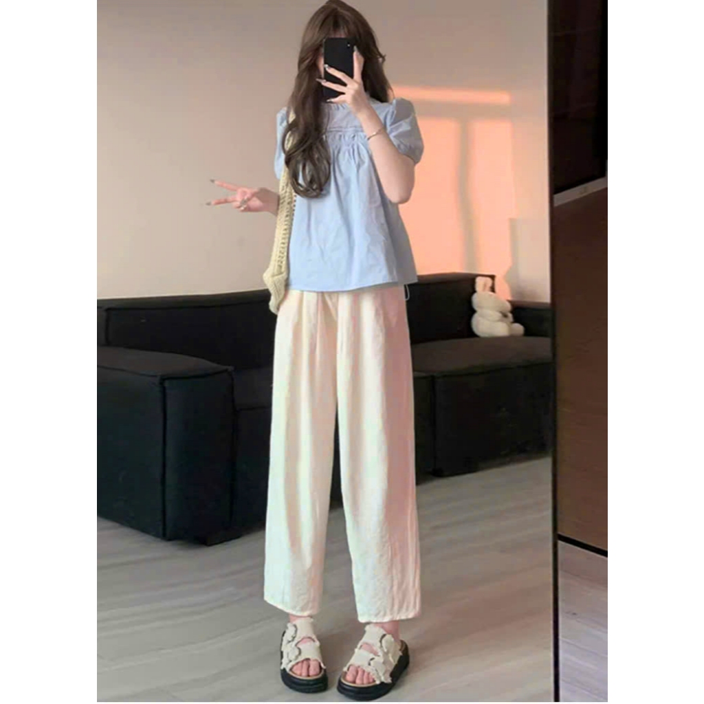 Quần Ống Rộng Nữ Kiểu Dáng Lửng Ly Gấu Phong Cách Nhật Bản Vải Gió Nhăn Mát Mẻ Mặc Xinh Tôn Dáng