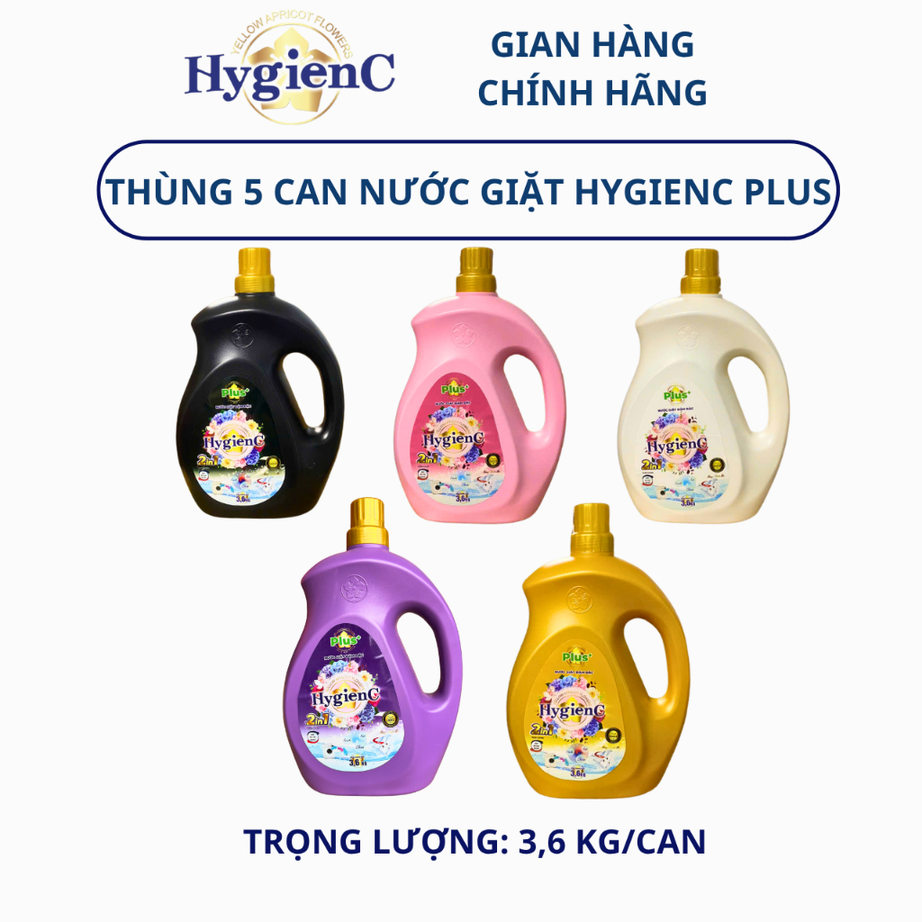 [SỈ THÙNG] Combo 5 Can Nước Giặt Đậm Đặc HygienC Plus 3,6 Kg/Can - Hương Nước Hoa, Làm Sạch Vết Bẩn