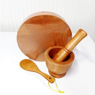 [Quà Tặng] Combo Thớt 25cm và Chày Cối 12cm Gỗ Tự Nhiên Cao Cấp - Tặng 1 Giá Gỗ Loại 1