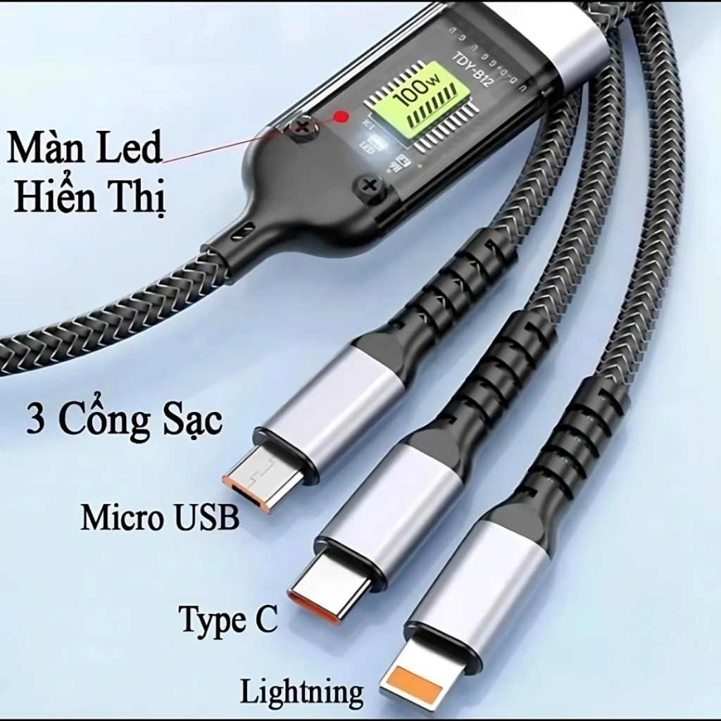 Dây Sạc Tự Ngắt Bọc Dù 100W Tích Hợp 3 Cổng Micro Usb Type C [ HÀNG TỐT ] TRIAN-TECH bảo hành 12 tháng