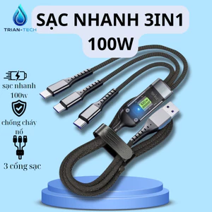 Dây Sạc Tự Ngắt Bọc Dù 100W Tích Hợp 3 Cổng Micro Usb Type C [ HÀNG TỐT ] TRIAN-TECH bảo hành 12 tháng