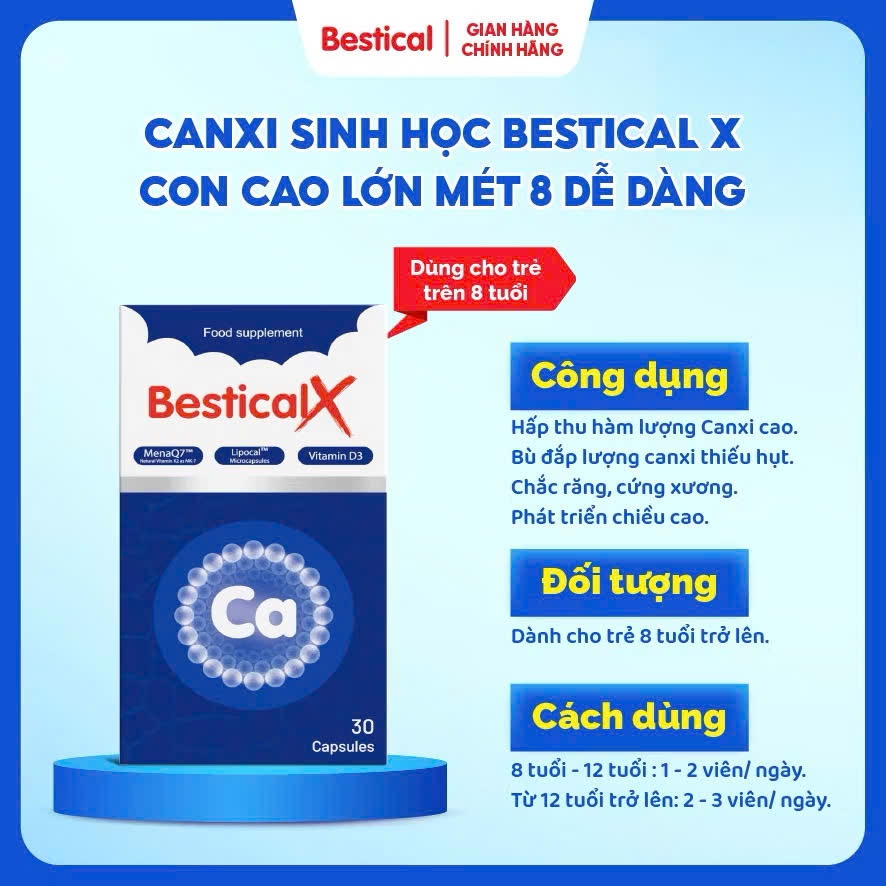 Canxi Bestical X hỗ trợ phát triển chiều cao cho bé từ 8 tuổi, xương chắc khỏe hộp 30 viên