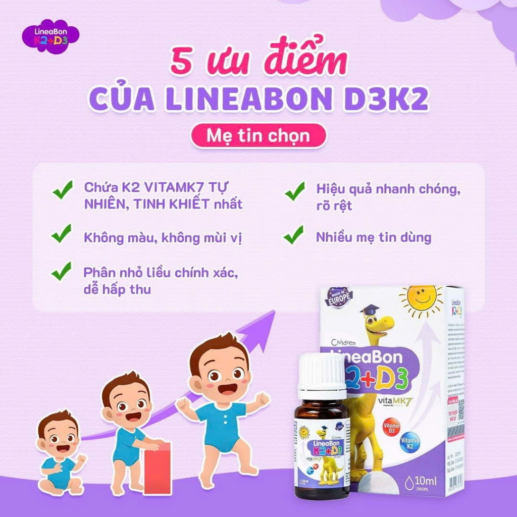 Vitamin LineaBon K2+D3 Hỗ trợ hấp thu Canxi cho trẻ giúp bé tăng chiều cao chắc xương, nhỏ giọt 10ml