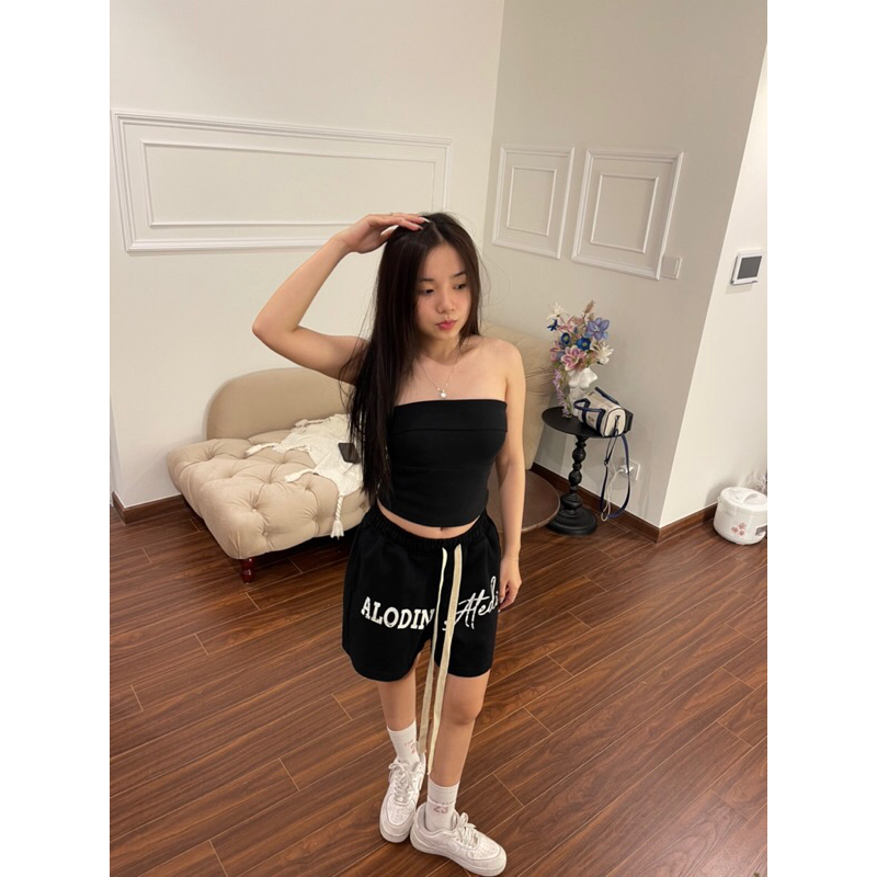 [DEAL MỞ BÁN] ALODIN.atedier | Quần short nỉ 2 da In Lụa chữ sước cao cấp 2 lớp lót lưới form trên gối  Nam Nữ  Menswear