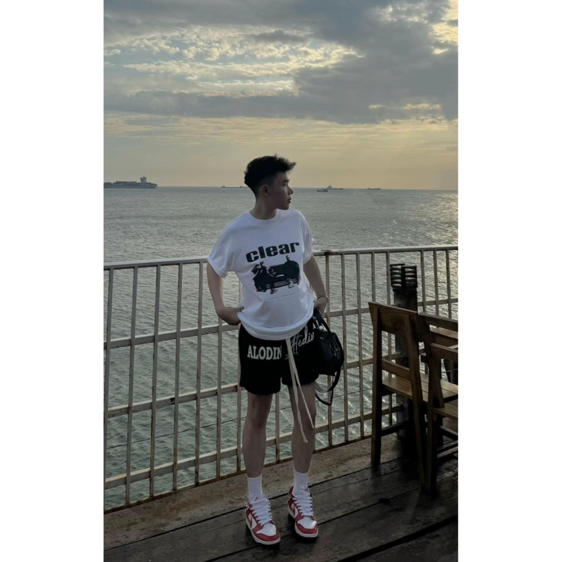 [DEAL MỞ BÁN] ALODIN.atedier | Quần short nỉ 2 da In Lụa chữ sước cao cấp 2 lớp lót lưới form trên gối  Nam Nữ  Menswear