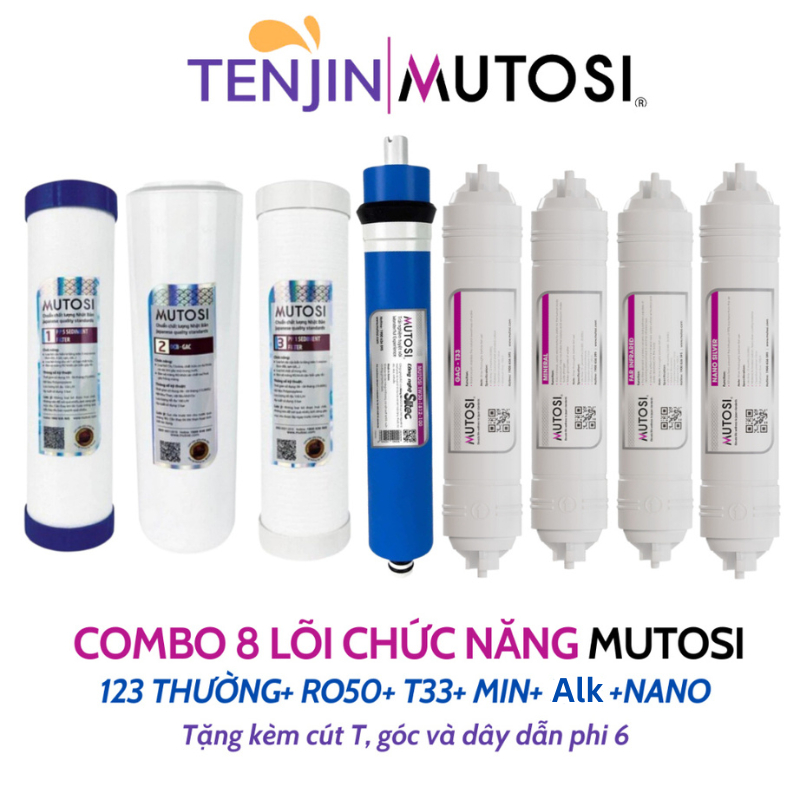 Combo 8 Lõi Lọc Nước Mutosi Cho Máy Lọc Nước RO 8 Cấp Lọc SD 123 Thường, RO 50, T33, Min, alka, Nano