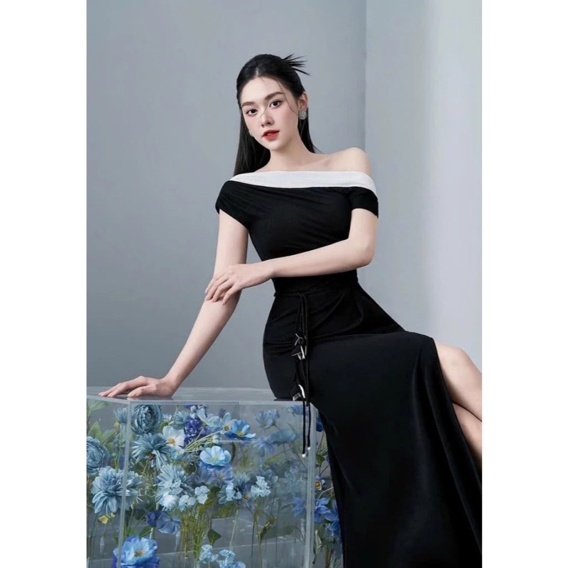 Đầm dự tiệc body đuôi cá lệch vai xẻ đùi dài phối kèm dây cột eo tôn dáng chất thun ánh kim cao cấp - Pusu house