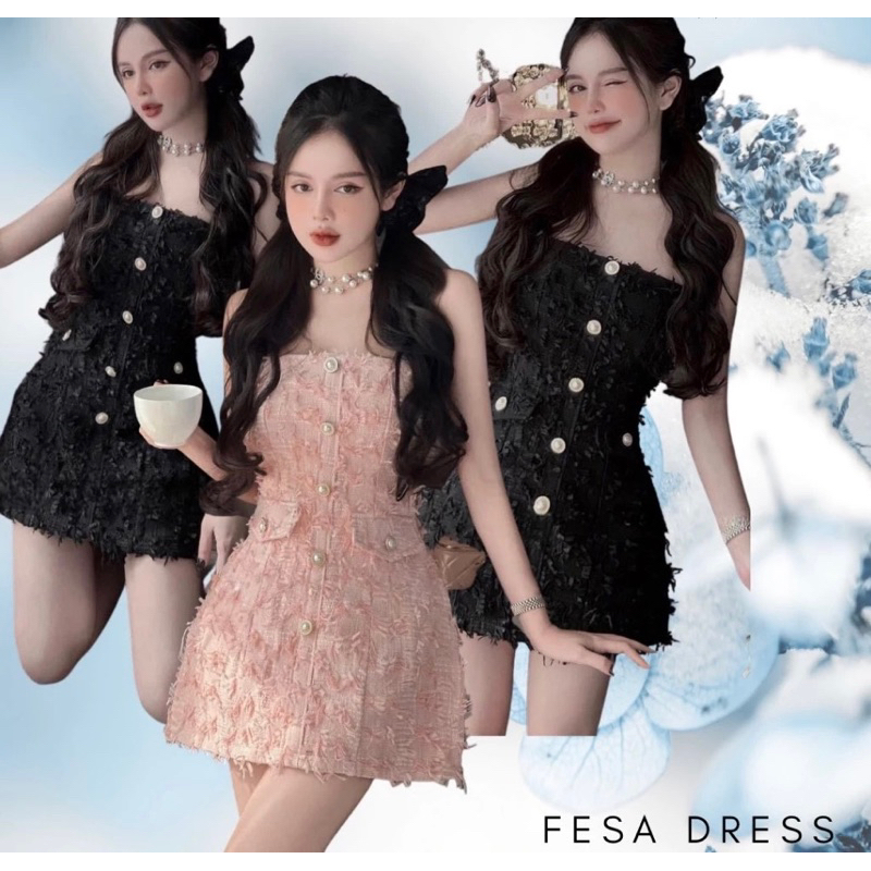 Đầm nữ thiết kế cúp ngực chất dạ tweed phối nút dự tiệc dạo phố hẹn hò -PUSU HOUSE