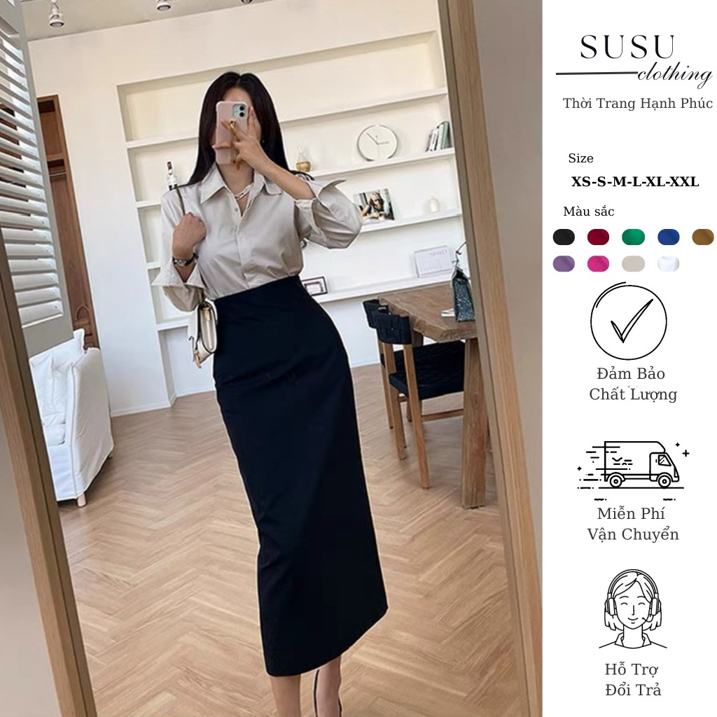 Chân váy bút chì dáng dài ôm nhẹ 2 lớp có túi chéo SUSUCLOTHING bản cạp lưng cao khóa sau chất vitex BC80