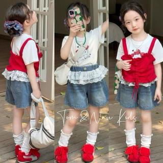 S241-Set 3 chi tiết phối ren, áo Kitt.+ quần Short phối ren + Áo nhún đỏ size từ 8-35Kg