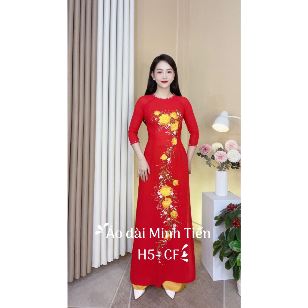 Áo Dài Chất Liệu Lụa Chiffon Cao Cấp Họa Tiết Thêu + Đính Đá Thủ Công Tỉ Mỉ - Mã H5-CF Màu Đỏ