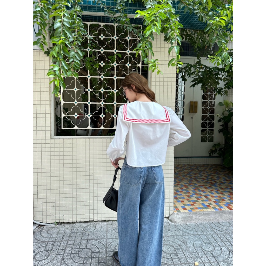 TheBlueTshirt - Áo kiểu kẻ sọc caro cổ thuỷ thủ viền ren zigzag cho nữ - School Girl Shirt - Women