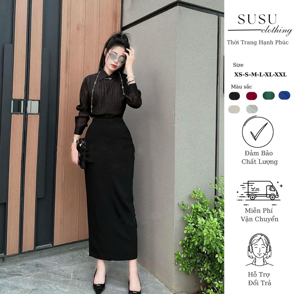 Chân váy bút chì suông dáng dài 80-90cm macxi 2 lớp có lót có túi xẻ sau phong cách thanh lịch Susuclothing CV07