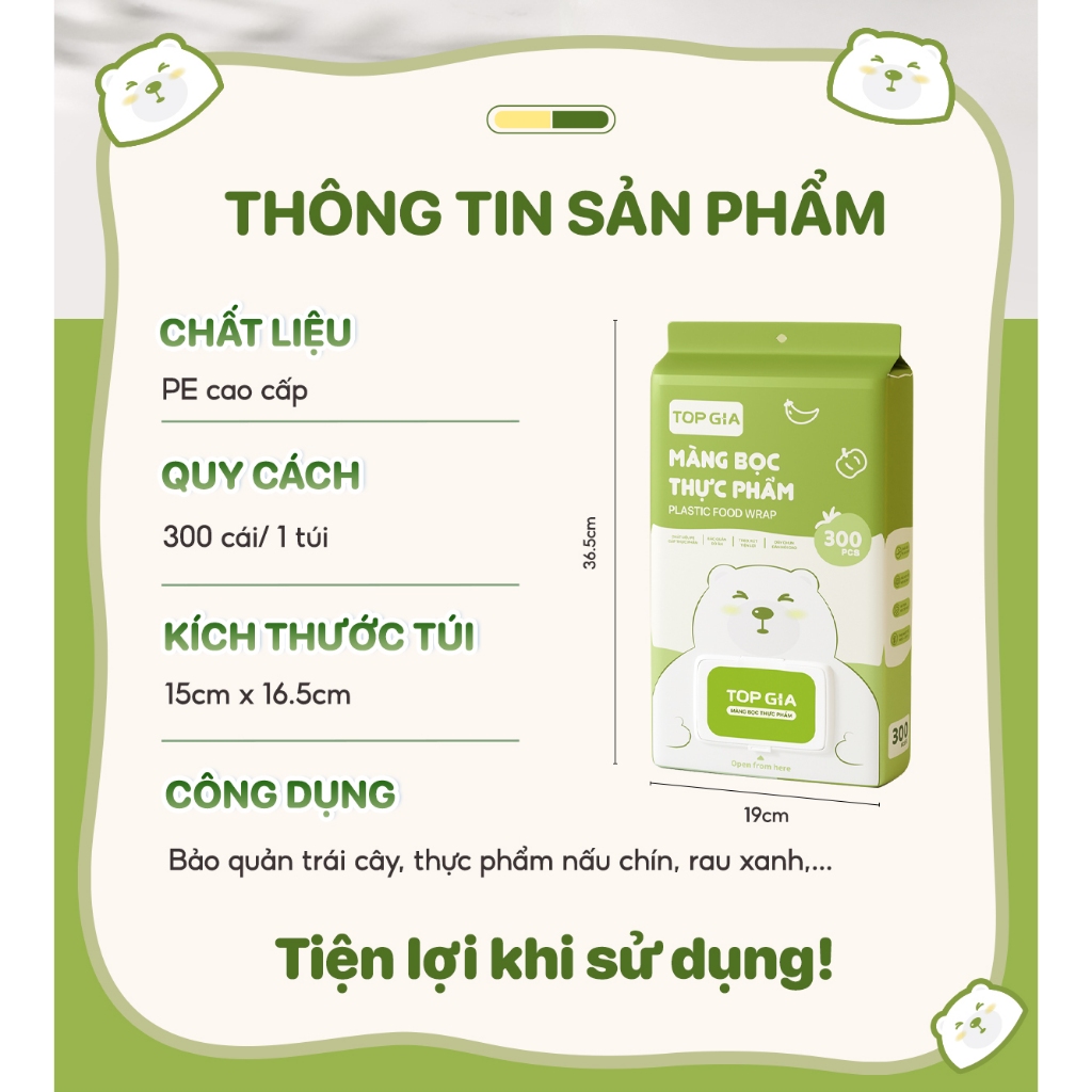 Túi màng bọc thực phẩm treo tường TOPGIA chất liệu PE an toàn, có chun siêu dai đàn hồi cao