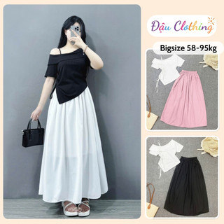 SET Áo Váy Bigsize Nữ Áo Thun Trễ Vai Tà Nhọn Kèm Chân Váy Midi Dài Nhẹ Nhàng G213+CV15