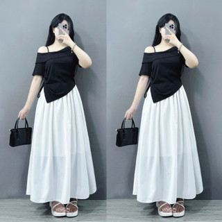 SET Áo Váy Bigsize Nữ Áo Thun Trễ Vai Tà Nhọn Kèm Chân Váy Midi Dài Nhẹ Nhàng G213+CV15