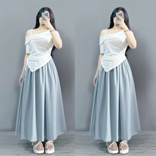 SET Áo Váy Bigsize Nữ Áo Thun Trễ Vai Tà Nhọn Kèm Chân Váy Midi Dài Nhẹ Nhàng G213+CV15