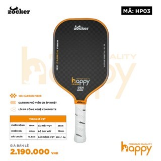 Vợt Pickleball Zocker Happy HP03 Mặt Vợt 12K Carbon Fiber Đạt Tiêu Chuẩn USAPA Chính Hãng Zocker