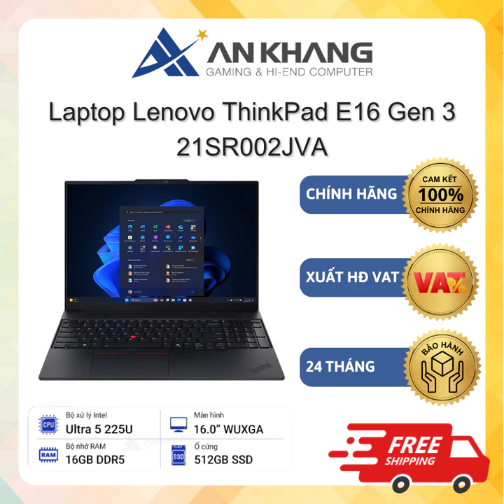 Laptop Lenovo ThinkPad E16 Gen 3 21SR002JVA (U5-255U, 16GD5, 512G SSD, 16.0" WUXGA, Đen) Chính hãng Bảo hành 24 Tháng