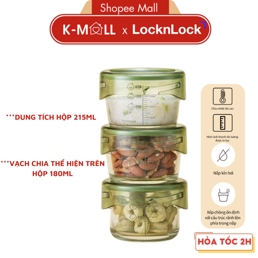 Hộp Thủy Tinh Đựng Thức Ăn Dặm Cho Bé LocknLock Có Vạch Chia LLG540S3GRN 215ml Nắp vặn chặt- K-MALL