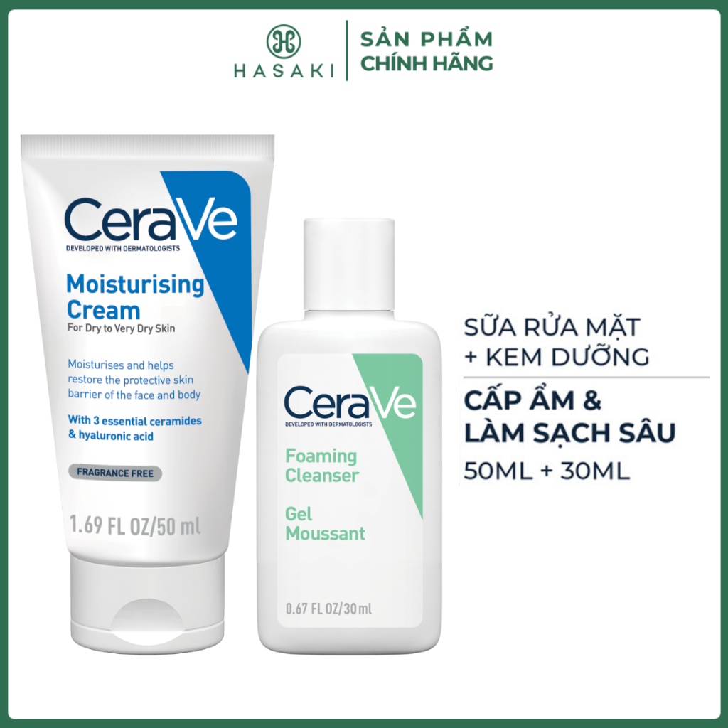 Combo CeraVe Kem Dưỡng Cho Da Khô Đến Rất Khô 50ml + Sữa Rửa Mặt Cho Da Thường Đến Da Dầu 30ml
