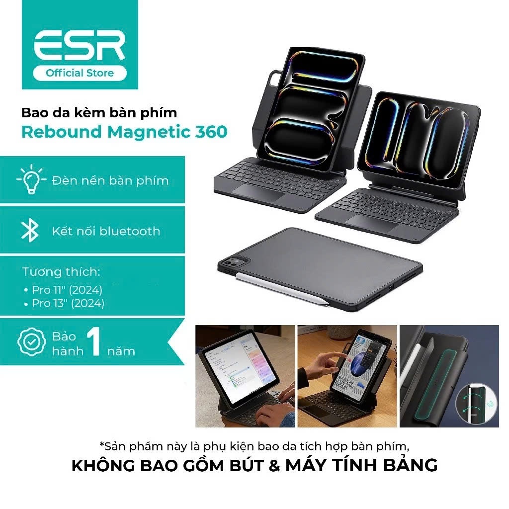 Bao da bàn phím ESR Magnetic Rebound 360 cho Pro 11" (2024), Pro 13" (2024)