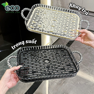 Khay Trà 2 Lớp Vân Kim Cương Trong Suốt ECO, Khay Úp Ly Cốc Để Bàn Tay Cầm Ngọc Trai Sang Trọng
