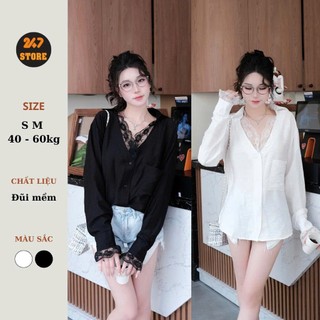 Áo sơ mi trắng nữ cổ V phối ren chất đũi mềm mát sang chảnh hàng thiết kế Smrenhoa241